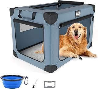 42Inch Soft Dog Crate, Collapsible Soft Travel Crate for Large Dogs, Indoor & Outdoor Portable Pet Kennel with Chew-Proof Mesh Window, Warm Blanket and Foldable Bowl, Blue