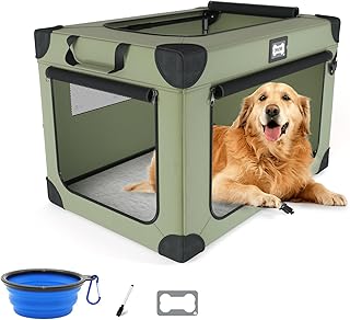 42 Inch Collapsible Dog Crate, Portable Dog Travel Crate for Large Dogs, Oxford Fabric Pet Carrier with 3 Mesh Doors, Plush Mat and a Foldable Bowl for Indoor & Outdoor, Green