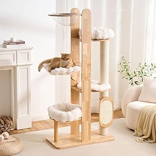HITTITE Solid Wood Cat Tree Tower with Scratching Post, 64 Inches Tall Cat Towers with Scratching Board, Modern Cat Tower with Space Capsule and Removable Top Bed for Indoor Cats