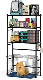 Over The Dog Crate Storage Shelf, 3-Tier Metal Dog Crate Furniture Stand for Most Breed Sizes, Freestanding Above The Cat Litter Box Shelves, Pet Supplies Organizer with Adjustable Feet, Black