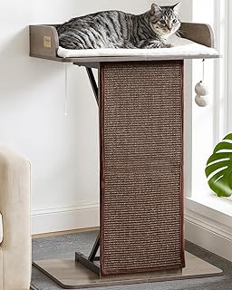 Modern Wood Cat Tree Tower for Indoor Large Cats, 33.8-Inch Tall Wooden Cat Trees with Big Perch Bed, Cat Scratching Pads, Washable Removable Cushions and Scratching Mat, Cat Furniture, Greigy