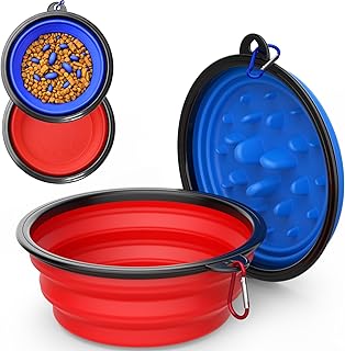 2 Pack [Slow Feeder Design + Regular], Collapsible Dog Bowl Travel Portable Pet Bowls, [34oz,1000ml] Foldable Food Water Feeding Dishes for Traveling Hiking Walking with Carabiners [Blue,Red]