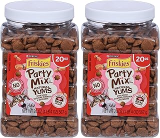 Friskies Purina Natural Cat Treats Party Mix Natural YUMS with Real Salmon and Added Vitamins, Minerals and Nutrients - 20 Oz. Canister (Pack of 2)