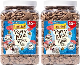Friskies Purina Natural Cat Treats,Party Mix Natural YUMS with Wild Caught Tuna and Added Vitamins,Minerals and Nutrients - 20 oz. Canister,(Pack of 2)