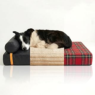 Orthopedic Dog Bed with 3 Interchangeable Covers (Leather, Plush, Plaid) – 4.4" Thick Waterproof Memory Foam Pet Mattress for Medium to Large Dogs up to 70lbs – 4-Season Washable Bundle