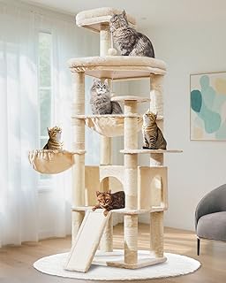 Taoqimiao 72 Inches Cat Tree for Large Cats, Multi-Level Tall Cat Tower, Widened Cat Condo with Large Scratch Board, 5 Scratching Posts, Metal Hammcock, Cozy Basket, Beige, MS045M