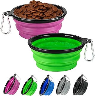 Collapsible Dog Bowl 2 Pack, Dog Water Bowls for Travels, Portable Foldable Pet Bowls Feeding Watering Dish for Parking Walking Camping with 2 Carabiners Clip (12oz, Small, Green+Purple)