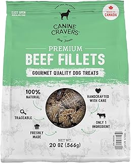 Canine Cravers Single Ingredient Dog Treats – Human Grade Air Dried Hypoallergenic Pet Food – Grain, Gluten, and Soy Free – 100% All Natural (Premium Beef Fillets, 20 oz)