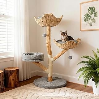 Wood Modern Cat Tree Tower for Large Cats, 47" Tall Cat Climbing Tower with Scratching Post, Luxury Cat Tree for Indoor Cats Large Adult, Grey