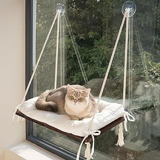 CHEERPALS Cat Window Perch Widen, Wooden Cat Bed for Window with Washable Cushion, Hanging Kitty Hammock Suitable for Small-to-Large Cats
