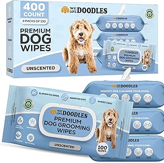 We Love Doodles Dog Wipes - Deodorizing & Cleaning Pet Wipes, for Coat, Face, Paws, Butt, & Body, Dog Essentials & Grooming Supplies, Unscented, 4 Pack (400 Count)