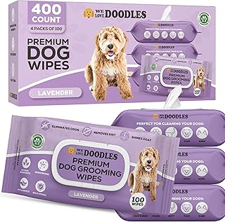 We Love Doodles Dog Wipes - Deodorizing & Cleaning Pet Wipes, for Coat, Face, Paws, Butt, & Body, Dog Essentials & Grooming Supplies, Lavender, 4 Pack (400 Count)