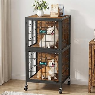 Dog Crate Furniture for 2 Dogs, 48.8" Tall Double Dog Kennel Furniture for Small Medium Dogs, 2-Tier Dog Cage End Table with Name Tags & Wheels, Decorative Dog House, Rustic Brown DCHR5401