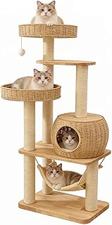 55" Wood Cat Tree for Indoor Cats Large Adult,Tall Cat Tower with Scratching Post and Cozy Hammock for Large Cat,Multi-Level Modern Cat Condo with Hand-Woven,Easy to Assemble and Clean