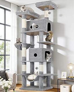 Globlazer Heavy Duty Cat Tree Tower 80in Tall Extra Large Cat Tree Tower for Multiple Indoor Cats Large Adult with Scratching Posts, 2 Spacious Condos, Padded Perches, Soft Hammock, S80B, Light Grey
