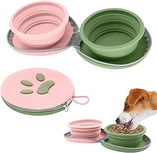 Collapsible Dog Bowls, 2-in-1 Travel Double Bowl Water Food Feeder Portable Pet Traveling Camping & Walking 25oz (Pink Green)
