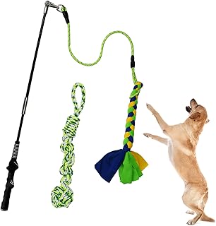 Flirt Pole for Dogs Heavy Duty, Interactive Chase & Tug of War Teaser Wand with Detachable Replacement Knot Ball and Rope Chewing Toys Flirt Stick for Small Medium Large Dogs Exercise & Training