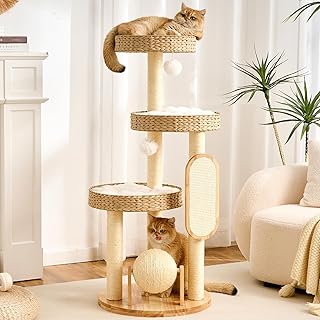 HITTITE Modern Cat Tree Tower with Scratching Post, 47 Inches Tall Cat Towers with Scratching Ball & Pad, Multi-Level Cat Tree with Rattan Bed and Removable Cushions for Indoor Cats Large Adult.