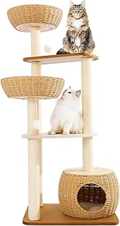 Modern Cat Tree Tower,Rattan Cat Tree Condo,Sisal-Covered Scratching Posts for Indoor Cats, Multi-Level Cat Condo with Space Capsule Nest, Tall Cat Tree for Multiple Large Cats