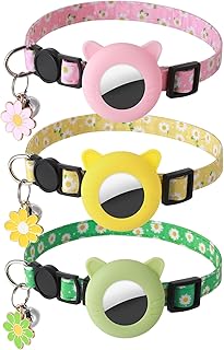 3 Pack Airtag Cat Collar Breakaway Floral Cat Collars with Air Tag Holder, Bells and Flower Charm Adjustable Safety Kitten Collars for Girl Boy Cats