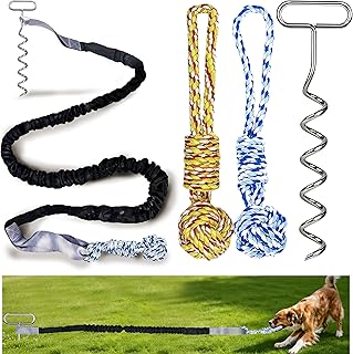 Dog Bungee Tug Toy with Steel Stake & 2 Chew Balls, 6.8ft Stretch Rope tug Toy - Tether Tug for Large/Medium/Small Dogs - Outdoor/Outside Dog Tug of War Toy (Lawn/Tree Use)