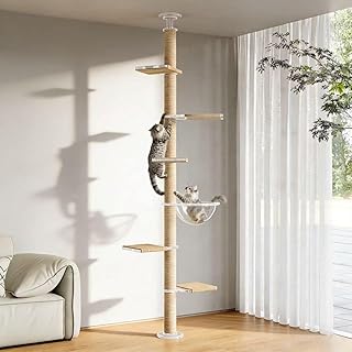 Floor to Ceiling Cat Tree, Acrylic Top Support PlateTall Cat Tower Natural Sisal Rope Scratching Post, Adjustable Height 55-103 Inches, Multi-Platform Activity Center
