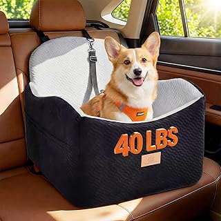 Dog Car Seat for Small/Medium Dogs Up to 40lbs, Dog Booster with Detachable Soft 5in Cushion, Pet Car Seat Travel Bed with Waterproof Layer, 3 Storage Pockets and Safety Belt (Black/Grey)