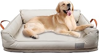 Removable Orthopedic Dog Beds for Large Dogs, Leather Memory Foam Dog Sofa Bed, Waterproof Durable Dogs Bed Couch with Non Skid Bottom for All Pet Sizes (Beige, Large)