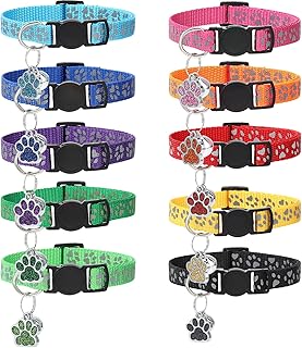 10Pcs Breakaway Cat Collars with Bell Paw Print Cute Adjustable Kitten Collars with Pendant Glow in The Dark