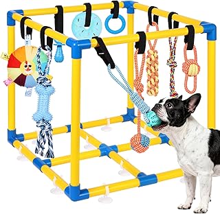 Puppy Play Gym for Small Dogs with 10 Hanging Toys, Removable Indoor Jungle Gym, PVC Frame with Adjustable Bungee Straps, Interactive Dog Toys Tug Toys for Dogs Rope Toy to Keep Them Busy