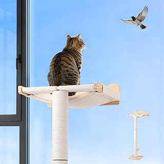 Cat Window Perch with Scratching Post, Keaber 44" Tall Adjustable Sisal Cat Tree for Large Cats Up to 33lbs, Suction Cup Wooden Hammock for Climbing, Bird Watching, Sleeping (Beige, Washable Cushion)
