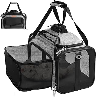 PETUX Top and Side Expandable Pet Carrier for Small Pets Up to 11 lb - 17 x 11 x 9.5 in, Underseat, Soft-Sided Airline Approved Cat Dog Carrier with Safety Buckle and Anti-Scratch Mesh - Grey