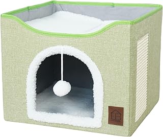 EverBrightly Cat Condo Bed | Foldable Pet Cave with Scratcher Pad, Reversible Cushion & Hanging Toy Ball | Indoor Hideaway, Lounge Perch & Playhouse, Durable Linen with Cozy Sherpa