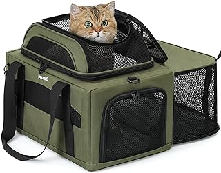 Pecute Top Side Expandable Pet Carrier Airline Approved Dog Cat Carrier, Breathable Soft-Sided with Locking Zippers, Pet Travel Bag for Small Dog Cat Leakproof Pee Pad (Olive Green)