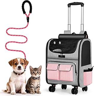 MGB Large Pet Carrier, Foldable Rolling Dog Carrier with Removable Wheels, Cat Rolling Bag 21.3"x15"x12.6" for 2 Cats & 1 Dog for Travel, Outdoor, Vet Visits, Camping, Indoor. Pink. (Not for Airline)