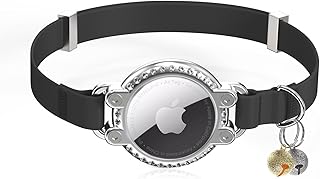 AirTag Cat Collar, Retractable Cat Tracking Collar with Apple AirTag Holder Diamond-Studded Holder Design, Adjustable GPS Pet Tracking Collar for Cats and Kittens (Black)