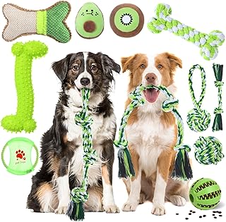 Vinsot 12 Pack Large Dog Chew Toys for Aggressive Chewers Green Dog Gifts Teething Toys with Dental Rope Squeaky Balls and Chew Bone for Medium Large X-Large Breeds Dogs