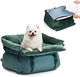 BurgeonNest Dog Car Seat for Small Dogs, Calm Blue Pet Car Bed Under 25 lbs, Soft Booster Fully Detachable and Washable Cat Carseats with Storage Pockets and Clip-On Leash Portable Travel Carrier