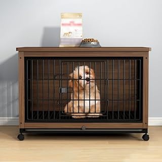 Wooden Medium Dog Crate End Table - Stylish Heavy-Duty Indoor Dog Kennel & Dog House Furniture in Yellow Walnut - Casual Pet Furniture for Home Use