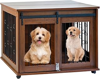 Stylish Wooden Pet House End Table - Heavy Duty Dog Kennel with Double Doors & Top-Access Feeding Door - 2-in-1 Furniture for Small/Medium Dogs - Ideal Pet Crate Decor