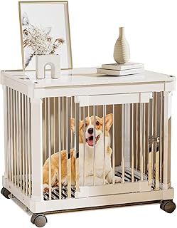 White Dog Crate Coffee Table with Tray - 28" Furniture for Small & Medium Dogs, Stylish Nightstand with Wheels, Multifunctional Pet Crate, Modern Design (L: 28''L x 22''W x 24''H)