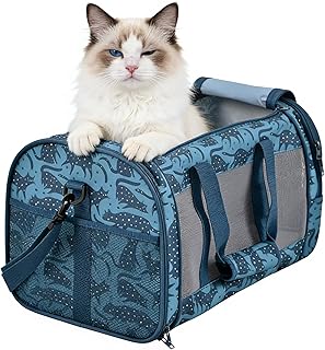 Soft-Sided Kennel Pet Carrier for Small Dogs, Cats, Puppy, Airline Approved Cat Carriers Dog Carrier Collapsible, Travel Handbag & Car Seat (Blue Cat Print, 19" L x 11" W x 11" H)