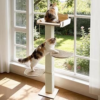 Solid Wood Cat Window Perch with 2 Jumping Platforms, Cat Hammock for Window with Scratching Post, Sisal Tall Cats Scratching Post with Large Perch, Wooden Cats Window Bed with 2 Suction Cups