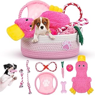 Zopeal Puppy Dog Toy Gift Storage Basket with Dog Toys Set Chew Toys Birthday Gift Basket Teething Interactive Squeaky Duck for Teething Small Medium Large Dogs(Pink)