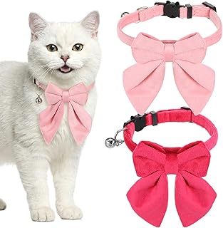 2 Pack Pink Cat Collar with Bells, Adjustable Cat Bow Tie, Detachable Kitten Collar for Girl Pets Cats Dogs, Cute Cats Bowtie Collars 8-12Inch (Light Pink & Bright Pink)