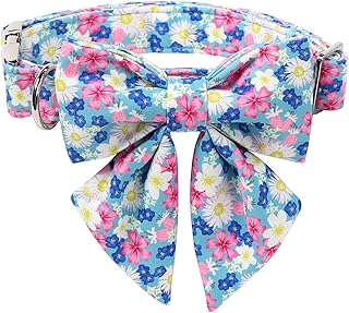 Lionet Paws Floral Dog Collar with Sailor Bow, Spring Wildflowers Daisy Forget Me Not Dog Collar Bow Tie for Puppies, XS, Neck 8-12 inches