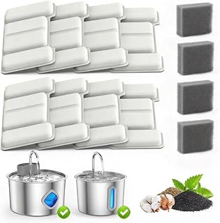 Cat Water Fountain Filter Replacement 12-Pack (8 Carbon Filters + 4 Pump Sponges) Compatible with 2.2L/3L/3.2L/3.5L Stainless Steel Pet Fountains