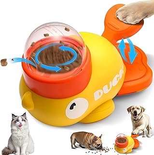 Interactive Dog Treat Dispenser Toy, Duck Shape Puzzle Feeder with Press Button and Rotating Design, Yellow and Orange, Slow Feeding Game for Dogs and Cats
