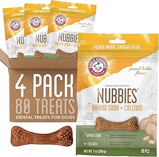 Arm & Hammer for Pets Nubbies Dental Treats - Baking Soda & Calcium Dog Dental Chews, Nubbed Texture Helps Scrub Plaque & Tartar While Chewing, Peanut Butter Flavor, 20 Count, 7 Ounce - 4 Pack