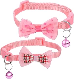 2 Pack Pink Dog Collar, Cute Bow Tie Cat Collars with Bell, Adjustable Female Kitten Breakaway Collars with Safety Buckle, Pet Supplies Accessories for Kittens and Dogs